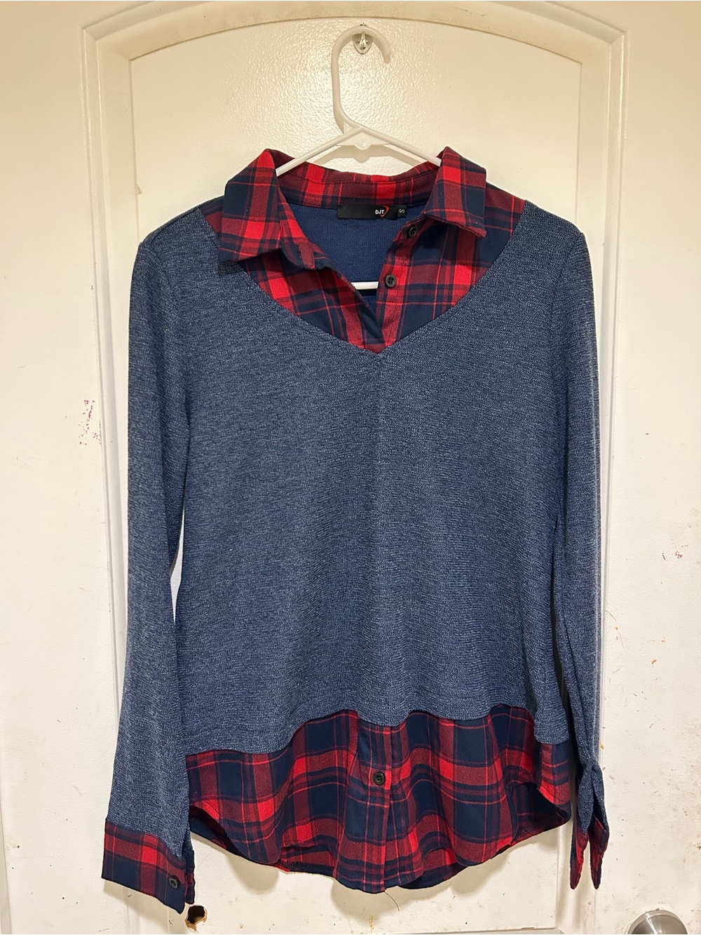 Layered-Look Blue Pullover with Red Plaid Trim